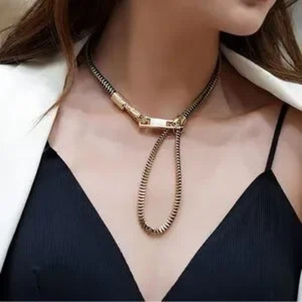 Zipper Alloy Metal Choker Necklace